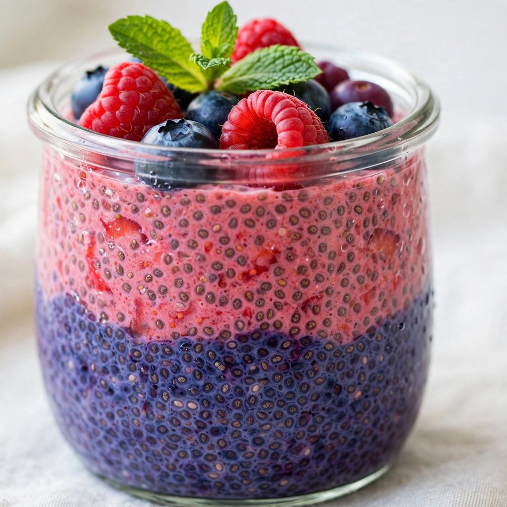 A jar of layered berry chia pudding topped with raspberries, blueberries and mint