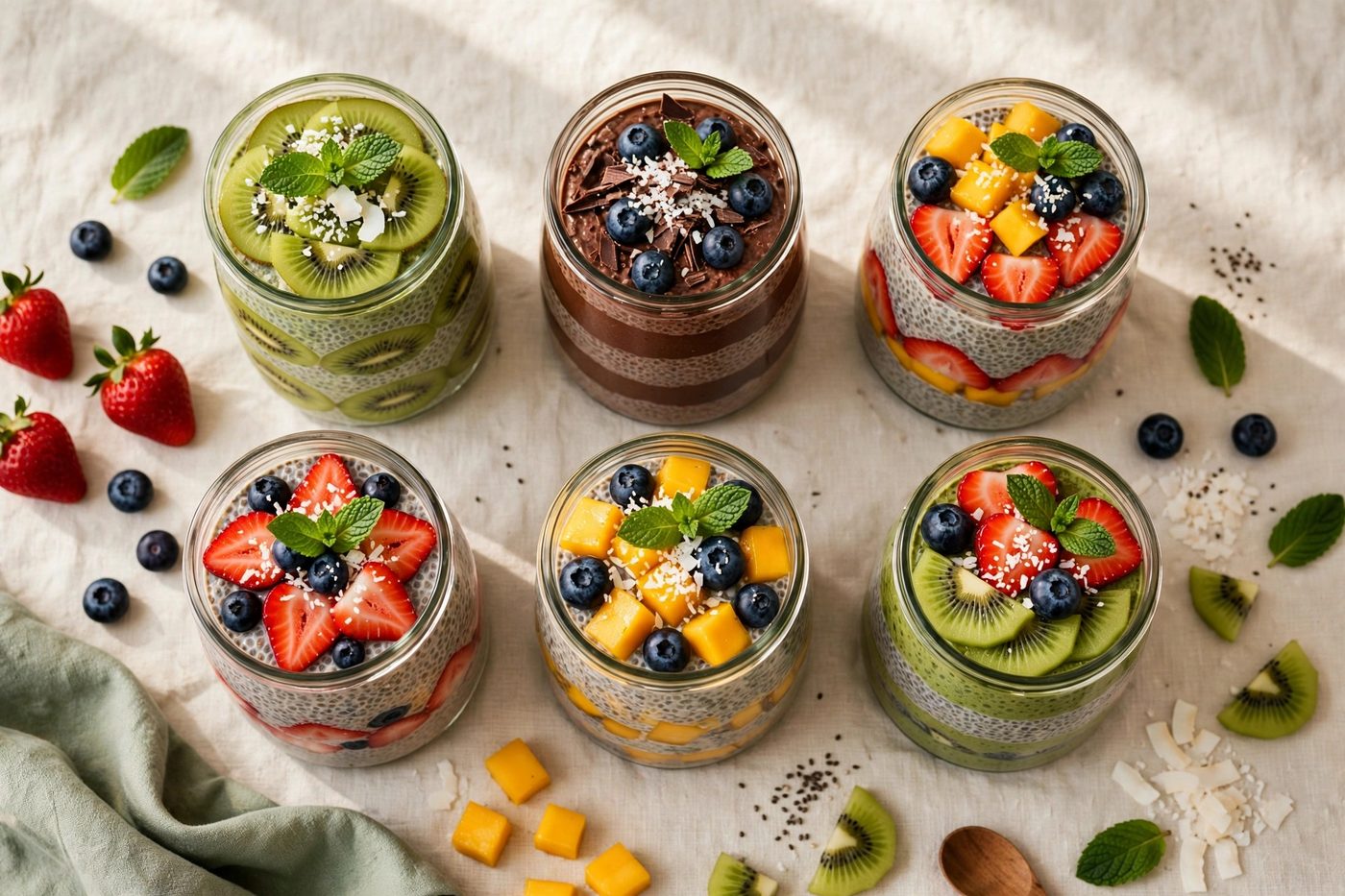 Six jars of colorful chia pudding topped with kiwi, chocolate, strawberries, mango and blueberries on a linen tablecloth