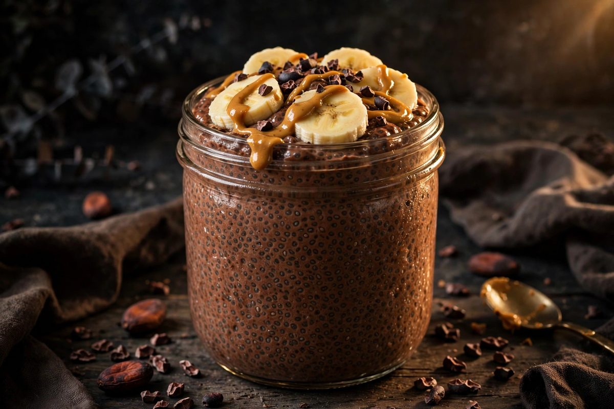 A layered chocolate chia pudding jar topped with blueberries and chocolate shavings