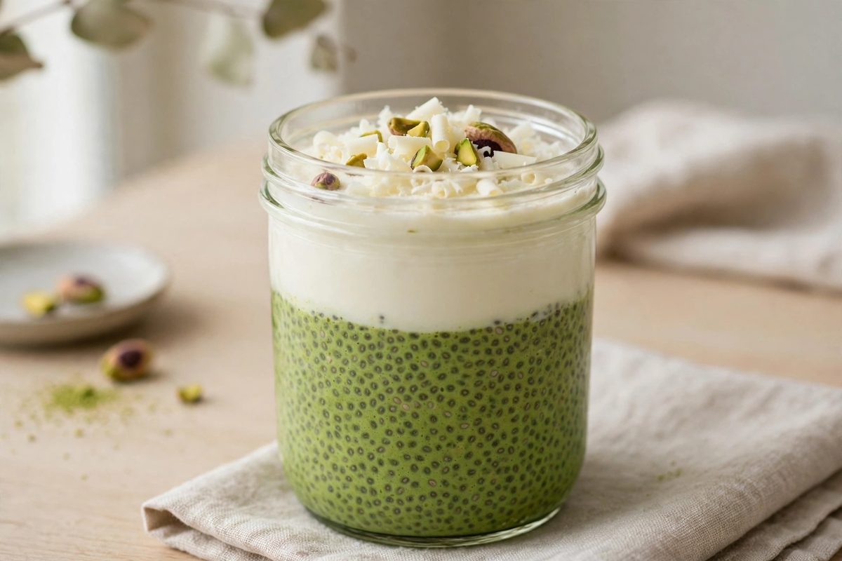 A jar of green matcha chia pudding topped with fresh fruit