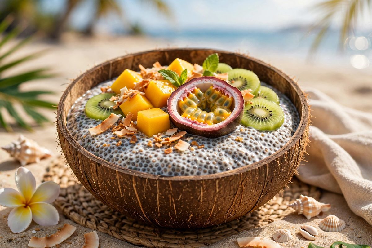 A jar of tropical chia pudding topped with mango and berries